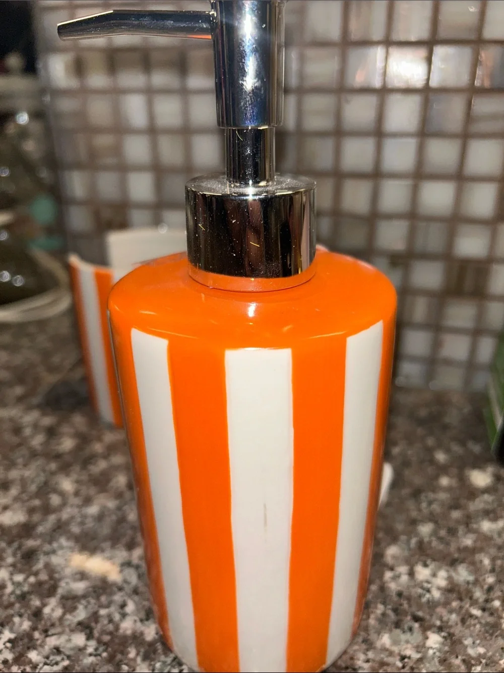 Orange and White Striped Ceramic Soap Dispenser and sponge holder Set